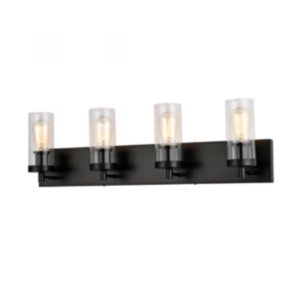 4-Light Vanity in Black finish with replaceable multi color sockets rings included